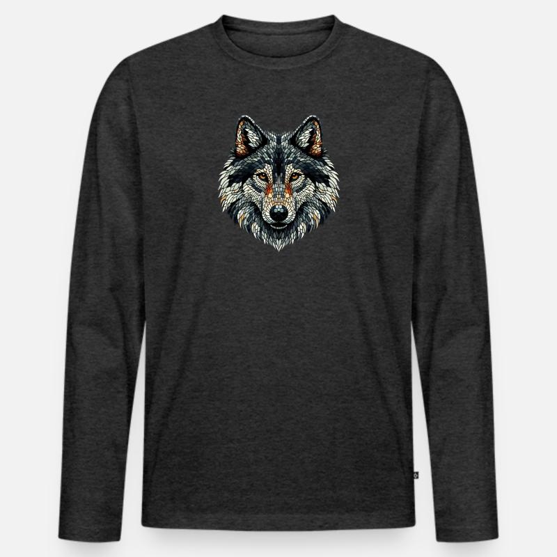 Bunter Wolf im Mosaik-Stil - Männer Premium Bio Langarmshirt - Anthrazit meliert
