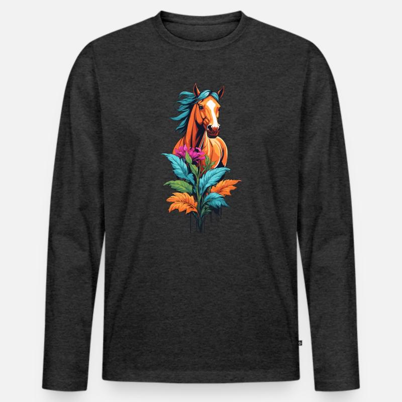 Pferdekopf mit Blumen - Männer Premium Bio Langarmshirt - Anthrazit meliert