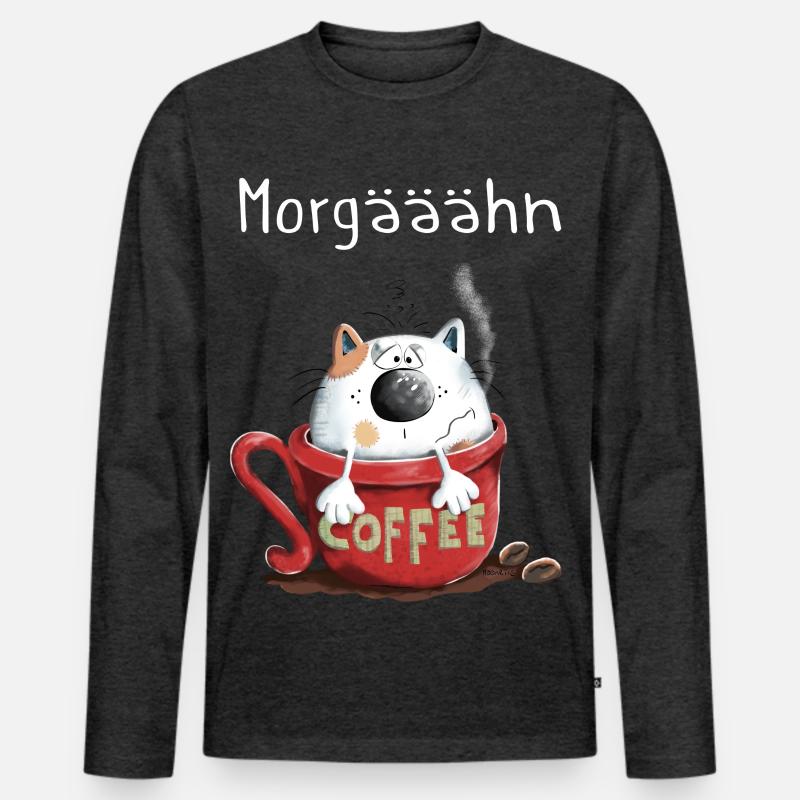 Morgähn Kaffee - Katze - Comic - Männer Premium Bio Langarmshirt - Anthrazit meliert