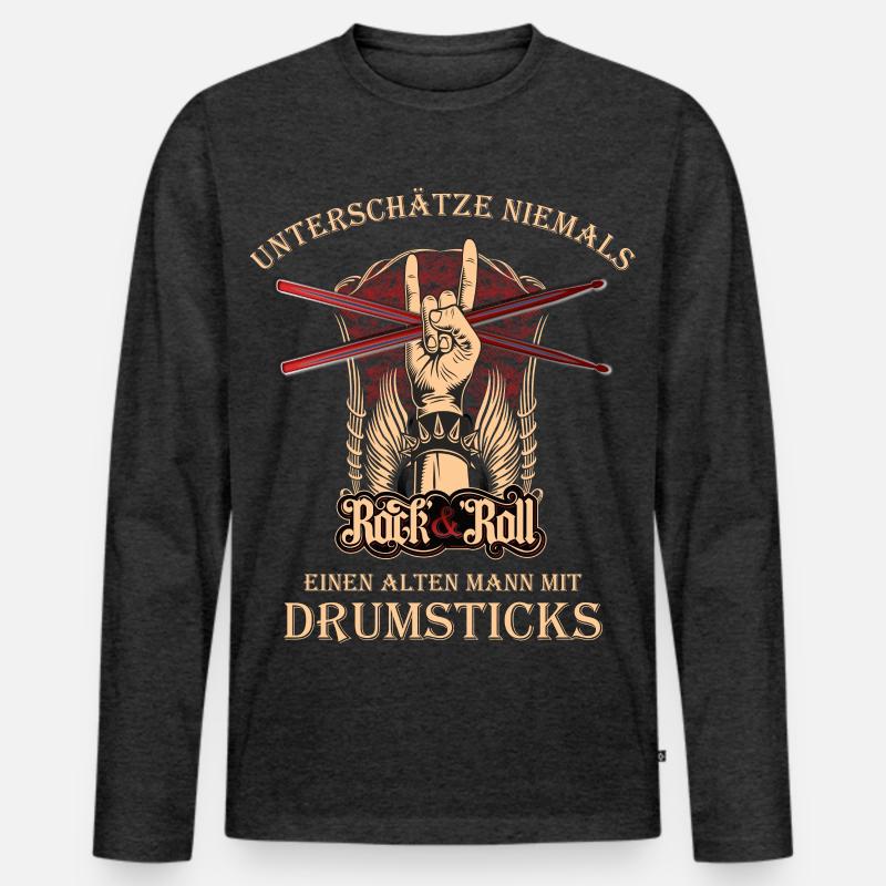 Drummer Schlagzeuger - alter Mann mit Drumsticks - Männer Premium Bio Langarmshirt - Anthrazit meliert