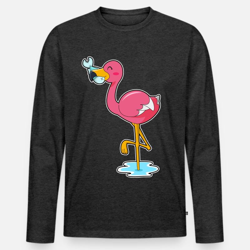 Flamingo mit Fisch - Männer Premium Bio Langarmshirt - Anthrazit meliert