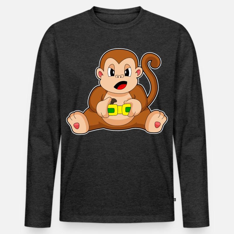 Affe Gamer Controller - Männer Premium Bio Langarmshirt - Anthrazit meliert