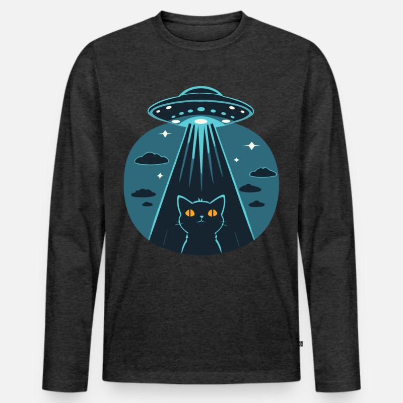 Witziges Ufo, Alien, Katze - Männer Premium Bio Langarmshirt - Anthrazit meliert