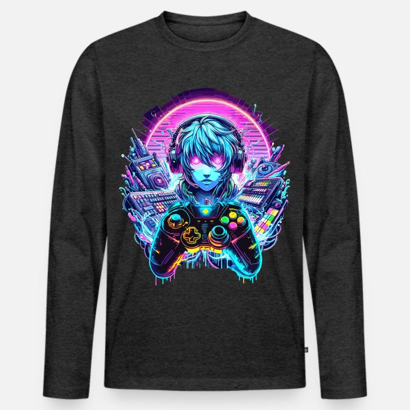 Gamer Headset Anime Synthwave Art - Männer Premium Bio Langarmshirt - Anthrazit meliert