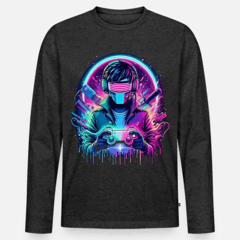 Neon Cyber Controller - Retro Gaming Power - Männer Premium Bio Langarmshirt - Anthrazit meliert