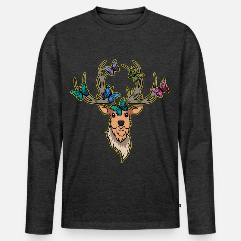 Hirsch Schmetterlinge Hirschkopf Frühling - Männer Premium Bio Langarmshirt - Anthrazit meliert