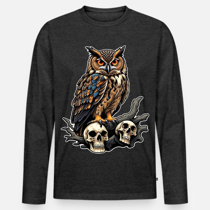 Eule sitzt auf Skulls - Männer Premium Bio Langarmshirt - Anthrazit meliert