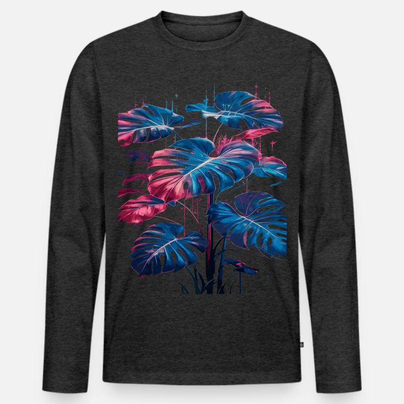 Retro Monstera Pflanze Neon Synthwave - Männer Premium Bio Langarmshirt - Anthrazit meliert