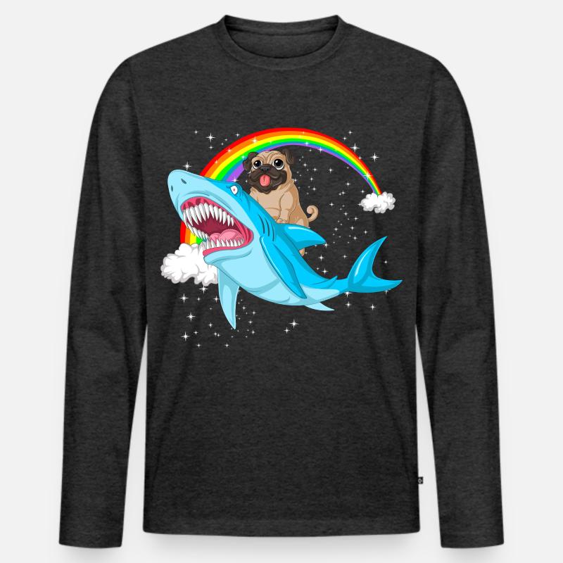 Mops reitet Hai Regenbogen - Männer Premium Bio Langarmshirt - Anthrazit meliert
