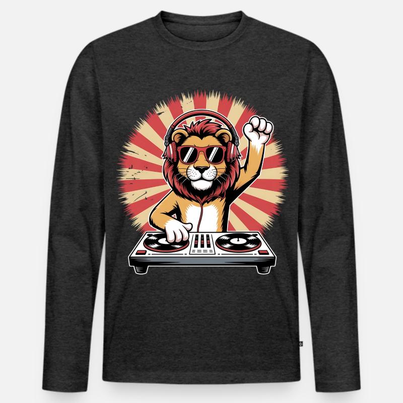 Löwen DJ mit Kopfhörern - Männer Premium Bio Langarmshirt - Anthrazit meliert