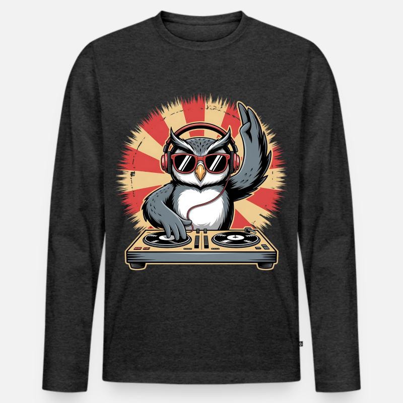 DJ Eule mit Turntables - Männer Premium Bio Langarmshirt - Anthrazit meliert