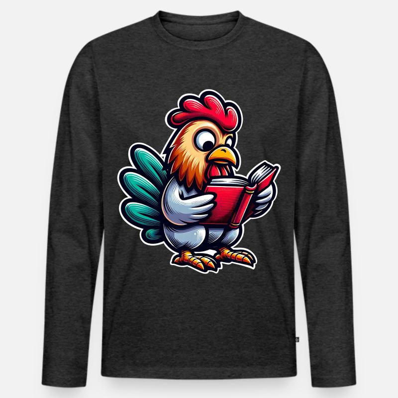 Lesender Hahn im Comicstil - Männer Premium Bio Langarmshirt - Anthrazit meliert