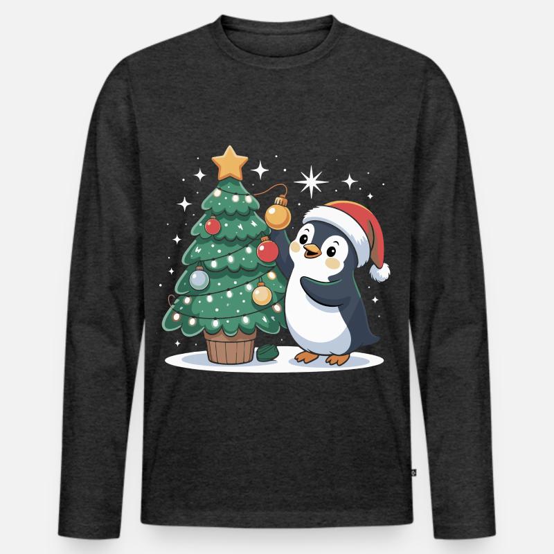 Pinguin schmückt Weihnachtsbaum - Männer Premium Bio Langarmshirt - Anthrazit meliert