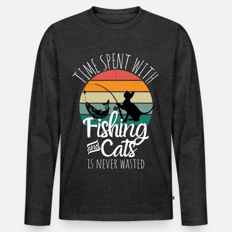 Fishing & Cats – Retro Freizeitdesign - Männer Premium Bio Langarmshirt - Anthrazit meliert