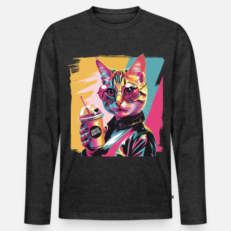 Popart Katze mit Lederjacke und Kaffee - Männer Premium Bio Langarmshirt - Anthrazit meliert