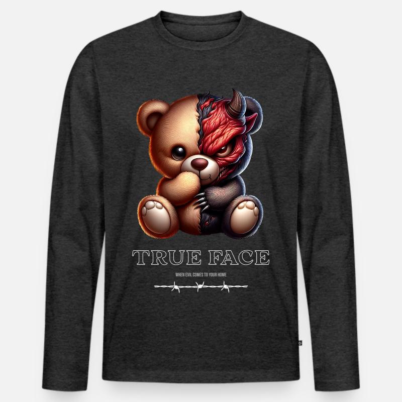 Doppelgesicht Bär: süß trifft Dämonisch - Männer Premium Bio Langarmshirt - Anthrazit meliert