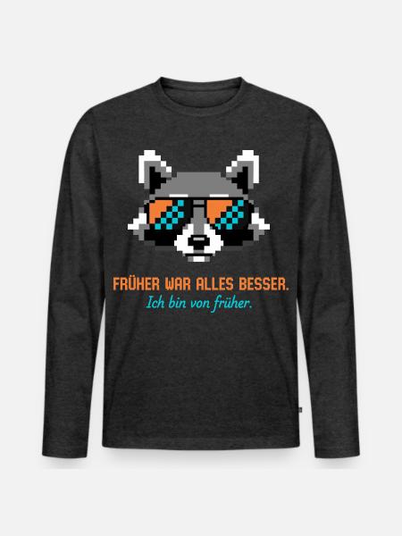 Waschbär Pixel Art Retro Nostalgie - Männer Premium Bio Langarmshirt - Anthrazit meliert