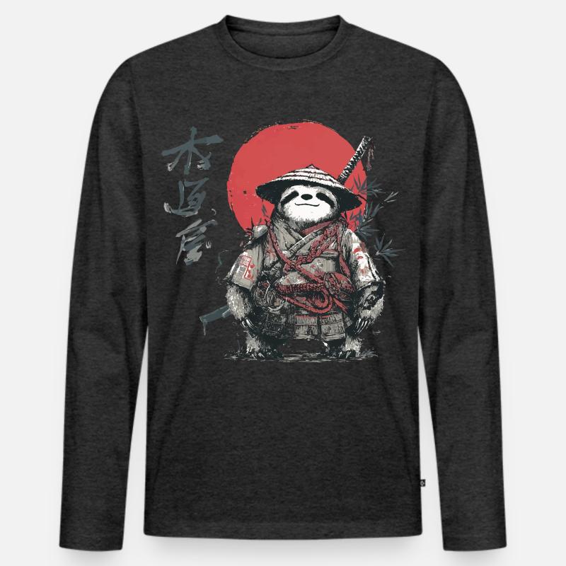 Faultier-Samurai unter roter Sonne - Männer Premium Bio Langarmshirt - Anthrazit meliert
