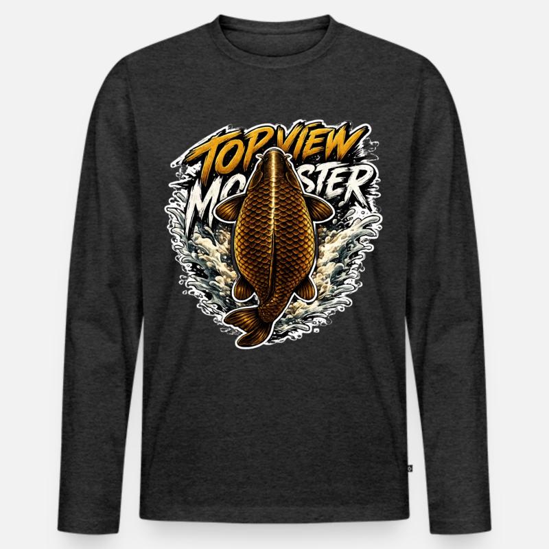 Draufsicht Karpfen-Spritzfischen-Design - Männer Premium Bio Langarmshirt - Anthrazit meliert
