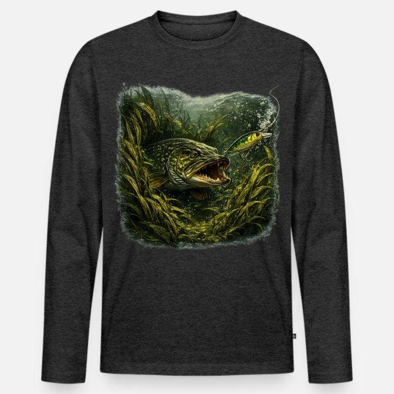 Hecht-Hinterhalt-Räuberfisch-Design - Männer Premium Bio Langarmshirt - Anthrazit meliert