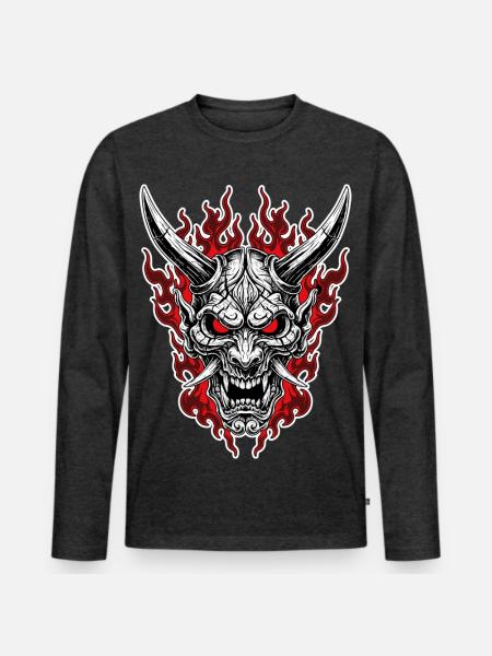 Oni-Maske Höllenporträt Rot Schwarz - Männer Premium Bio Langarmshirt - Anthrazit meliert