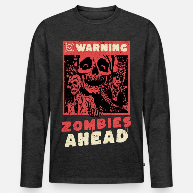 Horror - Warning Zombies Ahead - Männer Premium Bio Langarmshirt - Anthrazit meliert