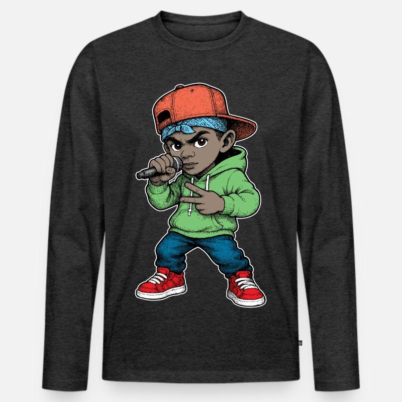 Junger Rapper-Junge mit Mikrofon - Männer Premium Bio Langarmshirt - Anthrazit meliert