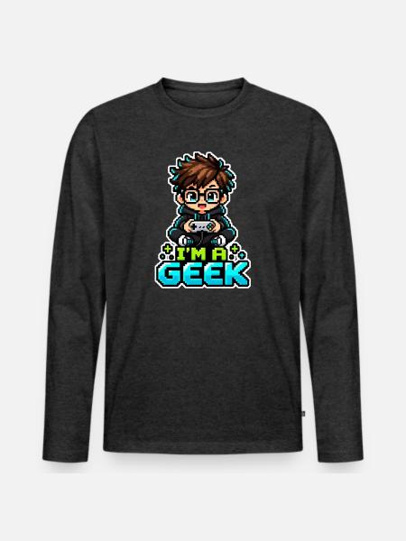Pixel Geek Chibi Gamer - Männer Premium Bio Langarmshirt - Anthrazit meliert