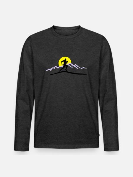 Running, Runner & Mountains & Sun - Men's Premium Organic Long Sleeve Shirt - heather anthracite