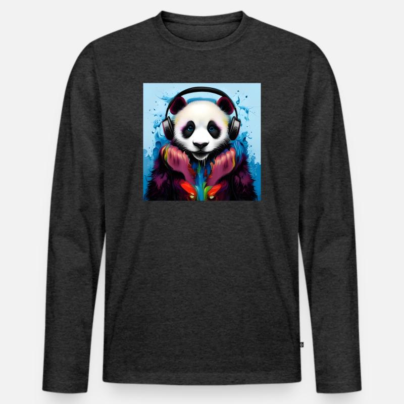 Panda mit Neon Kopfhörern - Männer Premium Bio Langarmshirt - Anthrazit meliert