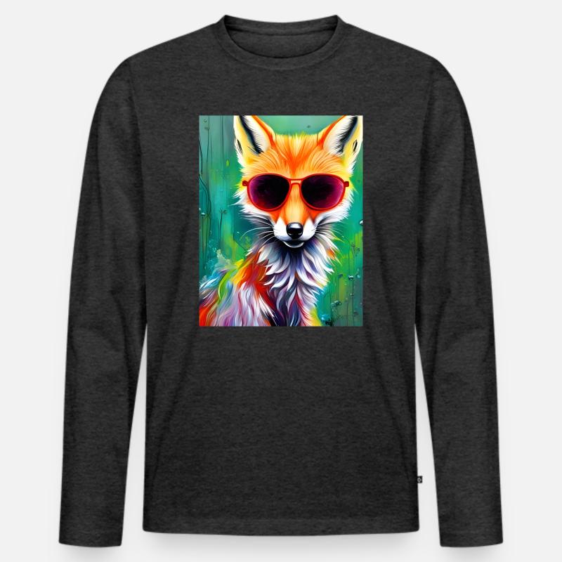 Neonfuchs mit roter Sonnenbrille - Männer Premium Bio Langarmshirt - Anthrazit meliert