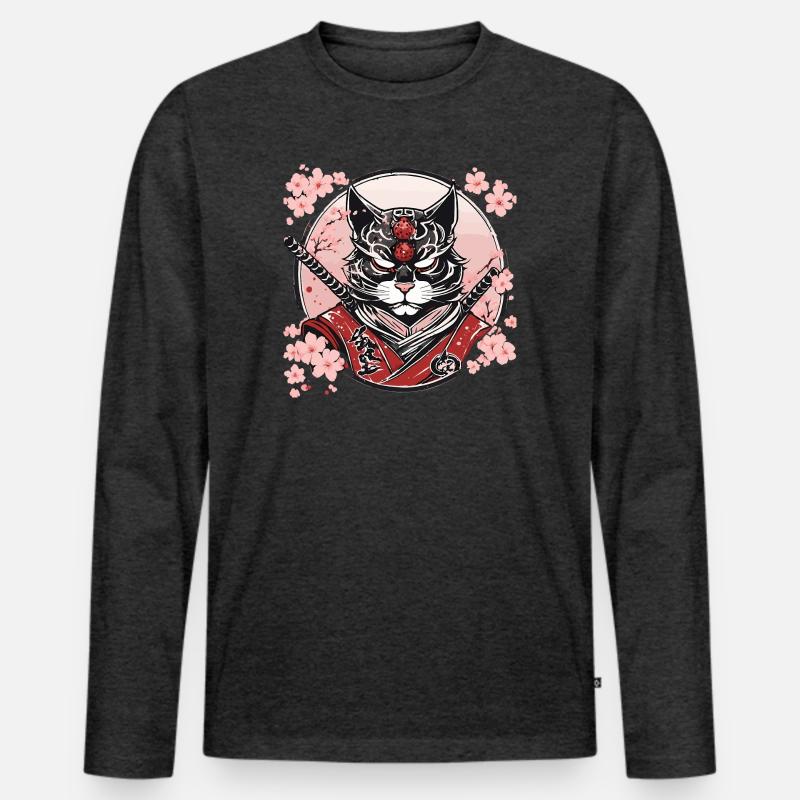 Dämonischer Kawaii Neko Samurai : Katzen-Samurai - Männer Premium Bio Langarmshirt - Anthrazit meliert