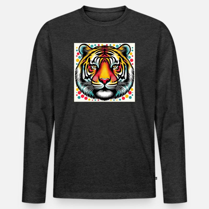 Tiger Pop Art - Männer Premium Bio Langarmshirt - Anthrazit meliert