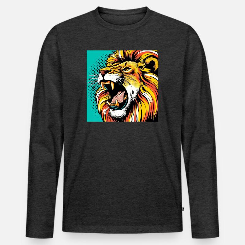 Löwe Pop Art - Männer Premium Bio Langarmshirt - Anthrazit meliert