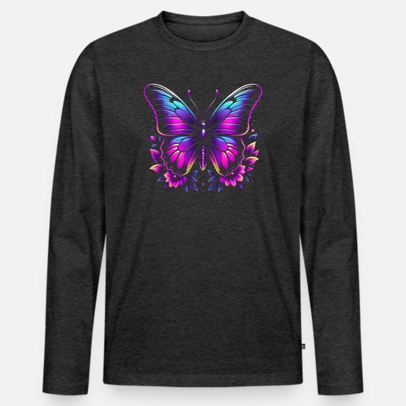 Schmetterling und Blumen - Männer Premium Bio Langarmshirt - Anthrazit meliert