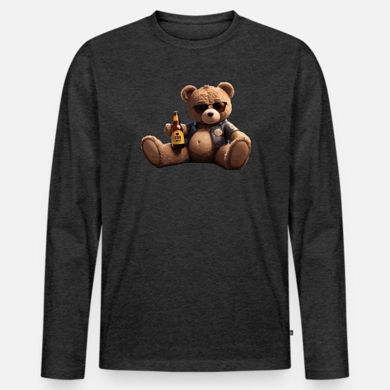 Biker Teddybär mit Bier - Männer Premium Bio Langarmshirt - Anthrazit meliert
