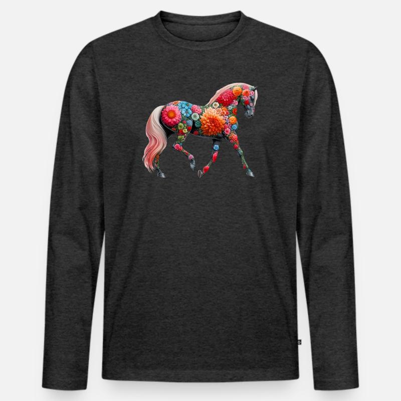 Pferd mit Blumen geschmückt - Männer Premium Bio Langarmshirt - Anthrazit meliert