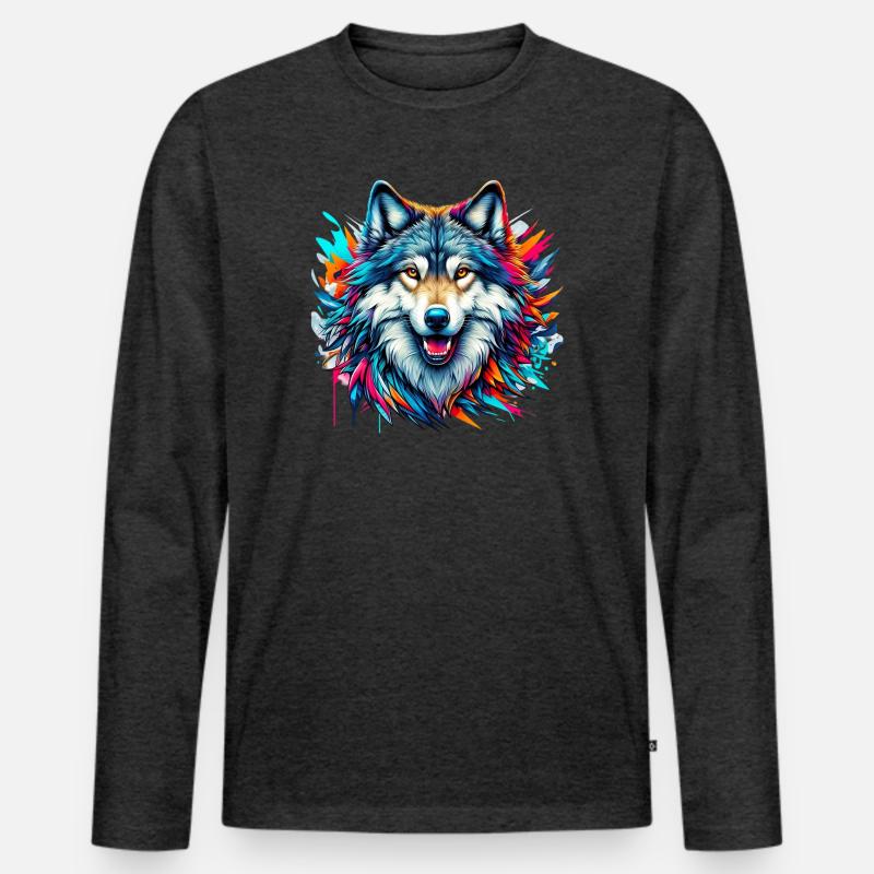 Wolf - Männer Premium Bio Langarmshirt - Anthrazit meliert