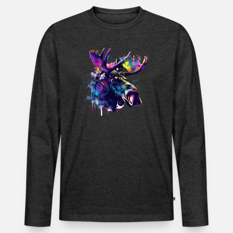 Elch Elche Elchkopf mit Kopfhörer - Männer Premium Bio Langarmshirt - Anthrazit meliert
