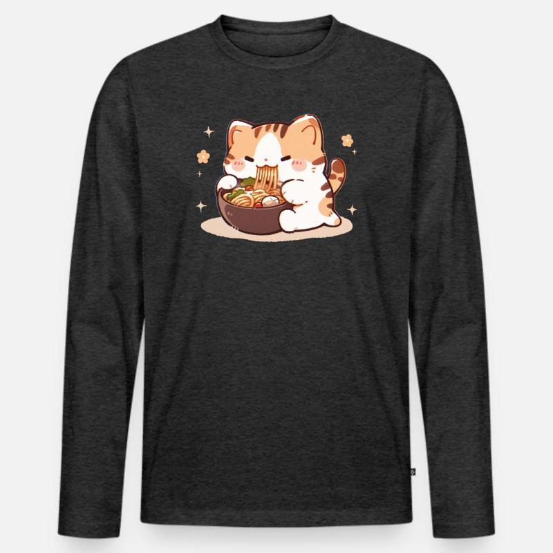 Katze isst Spaghetti Meme - Männer Premium Bio Langarmshirt - Anthrazit meliert