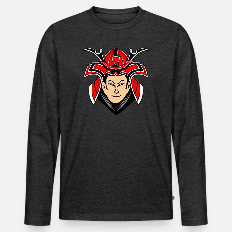 Samurai mit Helmdesign - Männer Premium Bio Langarmshirt - Anthrazit meliert