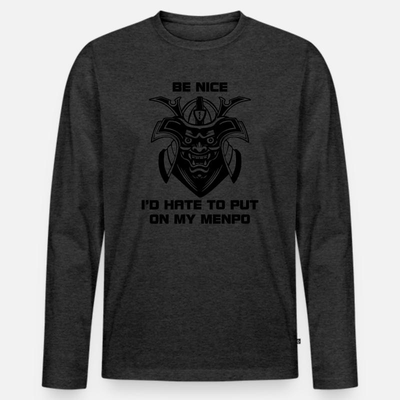 Menpo Warnung – Sei freundlich! - Männer Premium Bio Langarmshirt - Anthrazit meliert