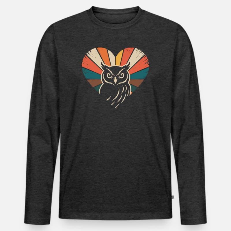Herz mit Eule im Retro-Stil - Männer Premium Bio Langarmshirt - Anthrazit meliert