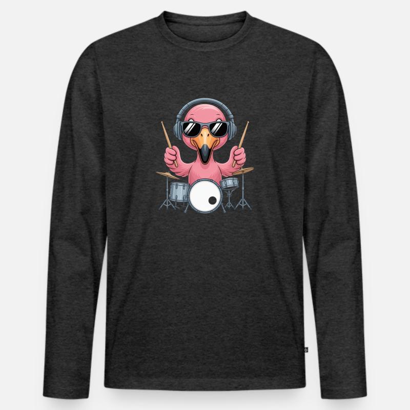 Flamingo Drummer Mit Kopfhörer Und Sonnenbrille - Männer Premium Bio Langarmshirt - Anthrazit meliert