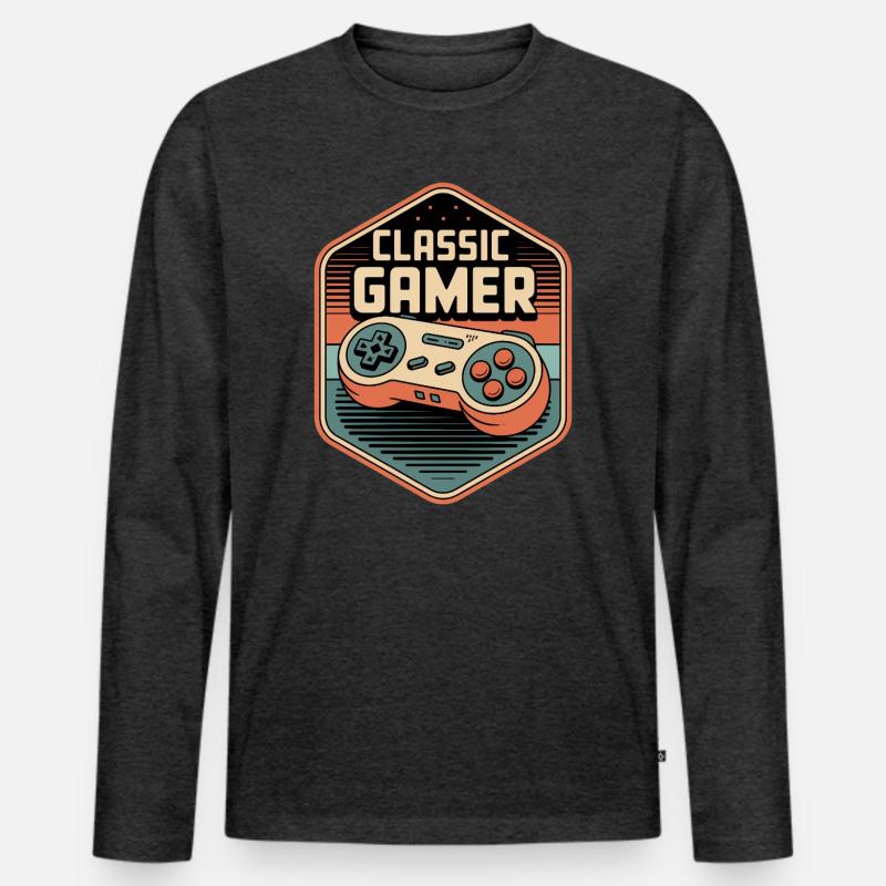 Classic Gamer Retro Controller Badge - Männer Premium Bio Langarmshirt - Anthrazit meliert