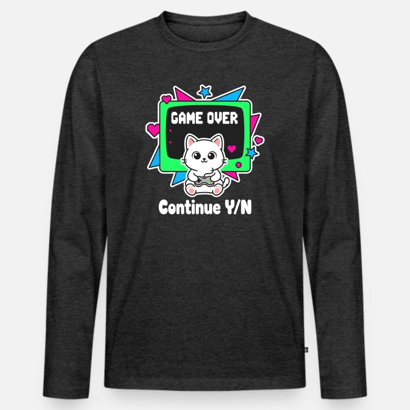 Retro Katzen Controller Game Over - Männer Premium Bio Langarmshirt - Anthrazit meliert