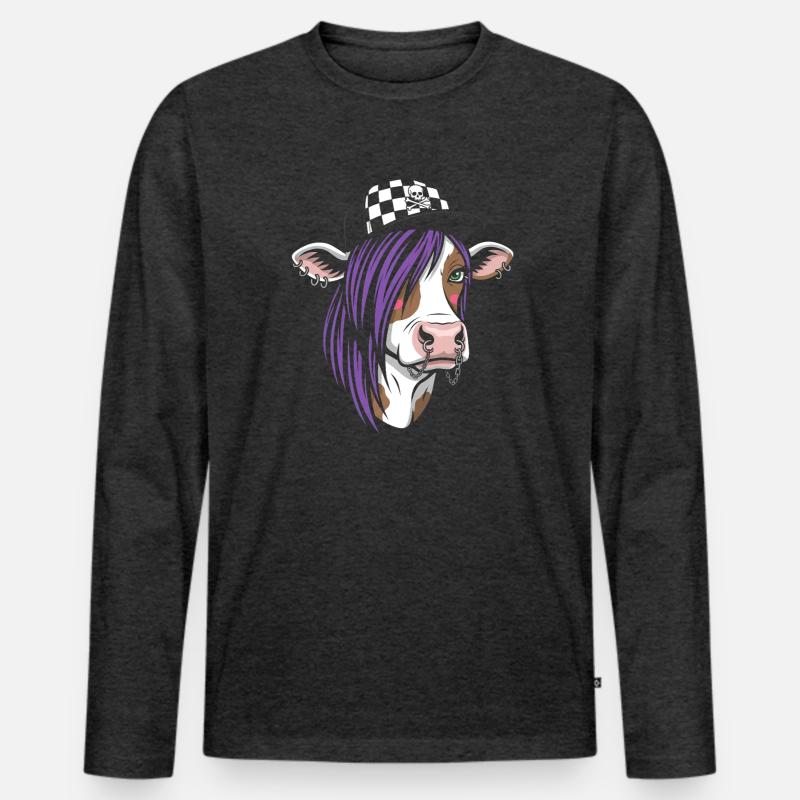 Punk Kuh mit Lila Haar - Männer Premium Bio Langarmshirt - Anthrazit meliert