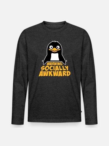Penguin Warning Socially Awkward Funny Clumsy - Men's Premium Organic Long Sleeve Shirt - heather anthracite