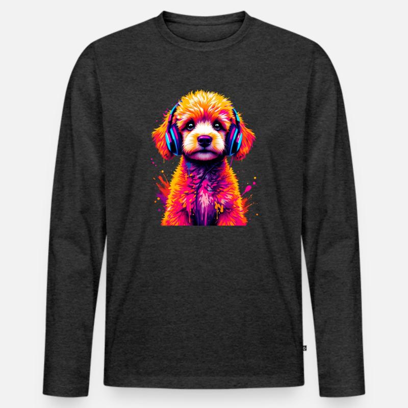 Pudel mit Kopfhörern - Männer Premium Bio Langarmshirt - Anthrazit meliert