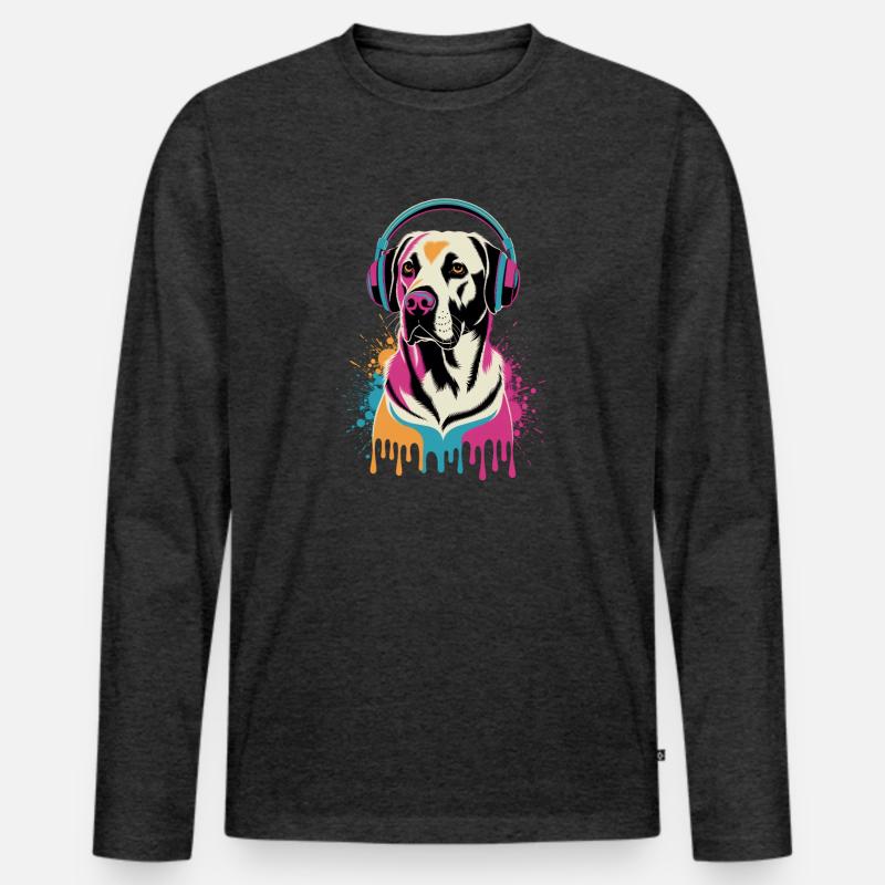 Labrador mit Kopfhörern - Männer Premium Bio Langarmshirt - Anthrazit meliert